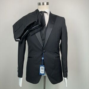 GINO VITALE Men's 3 Piece‎ Suit Slim Fit Black Jacket Vest Pants 36R 30W